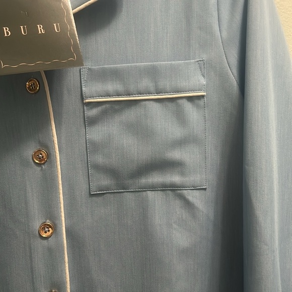 NWT DENIM CHAMBRAY NOTCH COLLAR CHEST POCKET LONG SLEEVE TOP - Picture 7 of 8